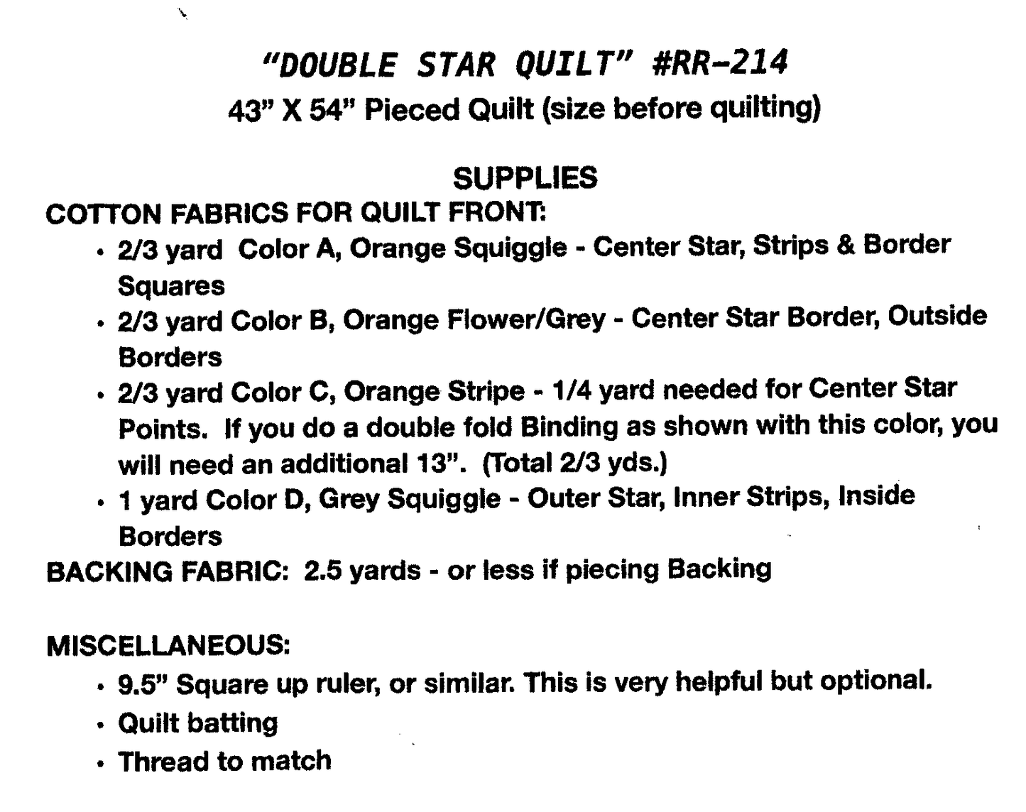 Double Star Quilt Pattern #RR214